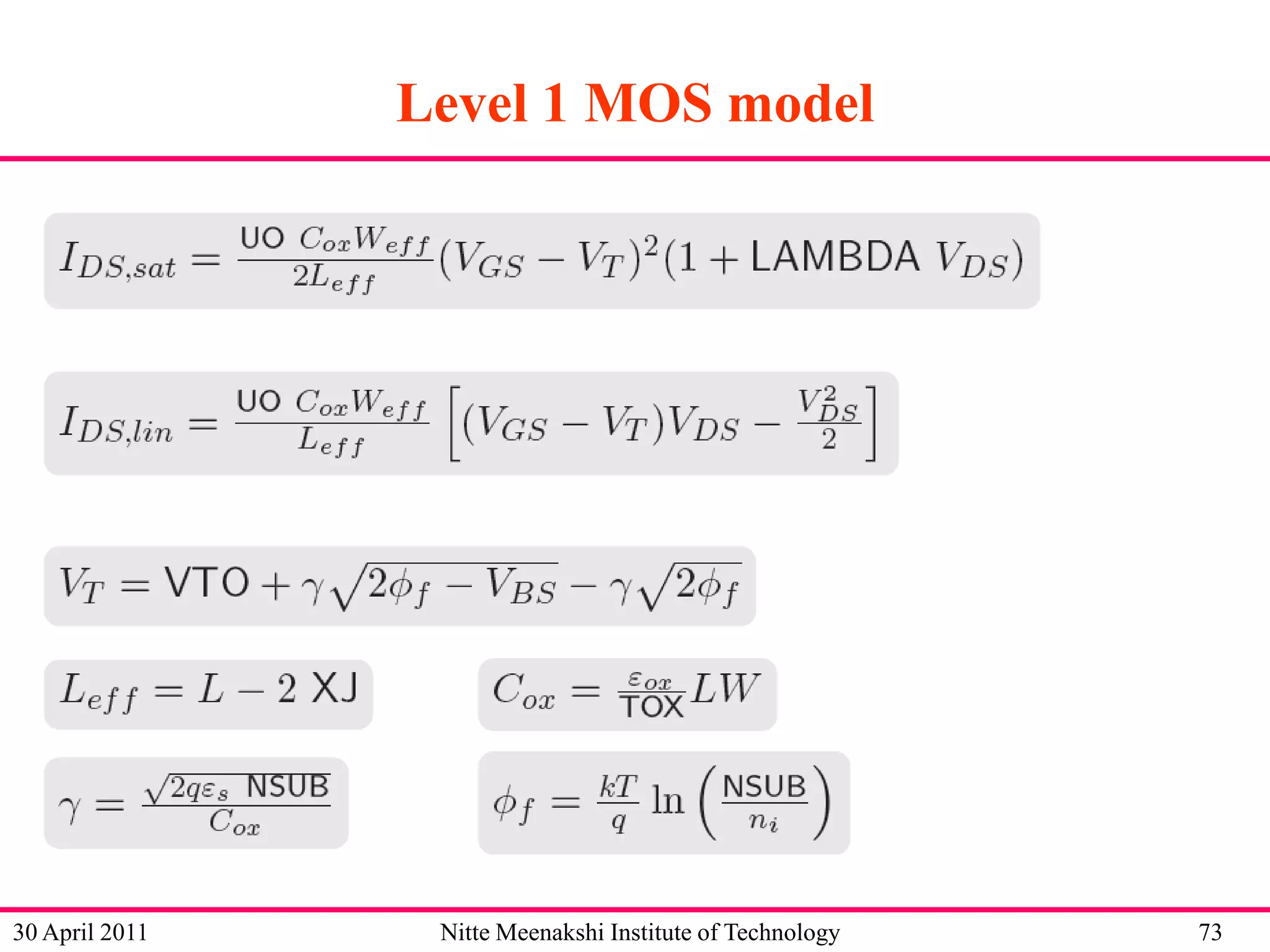 Level 1 MOS model

30 April 2011

Nitte Meenakshi Institute of Technology

73

 