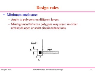 Design rules
• Minimum enclosure:
– Apply to polygons on different layers.
– Misalignment between polygons may result in either
unwanted open or short circuit connections.

30 April 2011

Nitte Meenakshi Institute of Technology

18

 