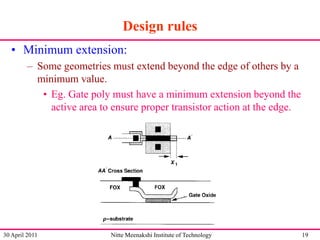 Design rules
• Minimum extension:
– Some geometries must extend beyond the edge of others by a
minimum value.
• Eg. Gate poly must have a minimum extension beyond the
active area to ensure proper transistor action at the edge.

30 April 2011

Nitte Meenakshi Institute of Technology

19

 