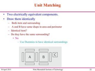 Unit Matching
• Two electrically equivalent components.
• Draw them identically
–
–
–
–

Both item and surrounding
A and B have same shape in area and perimeter
Identical item?
Do they have the same surrounding?
• No
– Use Dummies to have identical surroundings

30 April 2011

Nitte Meenakshi Institute of Technology

22

 
