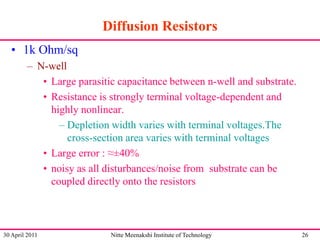 Diffusion Resistors
• 1k Ohm/sq
– N-well
• Large parasitic capacitance between n-well and substrate.
• Resistance is strongly terminal voltage-dependent and
highly nonlinear.
– Depletion width varies with terminal voltages.The
cross-section area varies with terminal voltages
• Large error : ≈±40%
• noisy as all disturbances/noise from substrate can be
coupled directly onto the resistors

30 April 2011

Nitte Meenakshi Institute of Technology

26

 