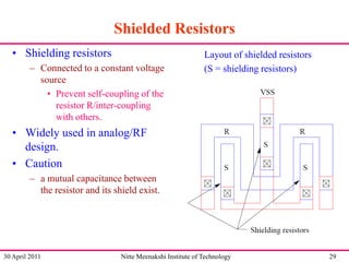 Shielded Resistors
• Shielding resistors
– Connected to a constant voltage
source
• Prevent self-coupling of the
resistor R/inter-coupling
with others.

Layout of shielded resistors
(S = shielding resistors)

• Widely used in analog/RF
design.
• Caution
– a mutual capacitance between
the resistor and its shield exist.

30 April 2011

Nitte Meenakshi Institute of Technology

29

 