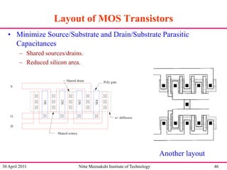 Layout of MOS Transistors
• Minimize Source/Substrate and Drain/Substrate Parasitic
Capacitances
– Shared sources/drains.
– Reduced silicon area.

Another layout
30 April 2011

Nitte Meenakshi Institute of Technology

46

 