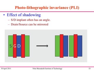 Photo-lithographic invariance (PLI)
• Effect of shadowing
– S/D implant often has an angle.
– Drain/Source can be mirrored

30 April 2011

Nitte Meenakshi Institute of Technology

53

 