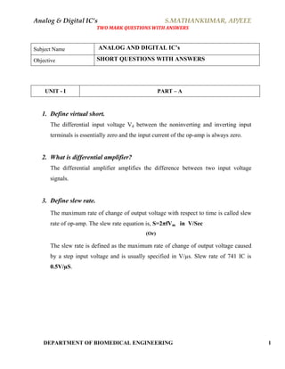 Analog & Digital Integrated Circuits - Material (Short Answers) PDF