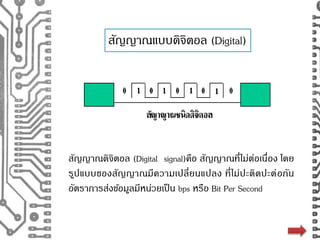 สัญญาณแบบดิจิตอล (Digital) 
สัญญาณดิจิตอล (Digital signal)คือ สัญญาณที่ไม่ต่อเนื่อง โดย 
รูปแบบของสัญญาณมีความเปลี่ยนแปลง ที่ไม่ปะติดปะต่อกัน 
อัตราการส่งขอ้มูลมีหน่วยเป็น bps หรือ Bit Per Second 
 