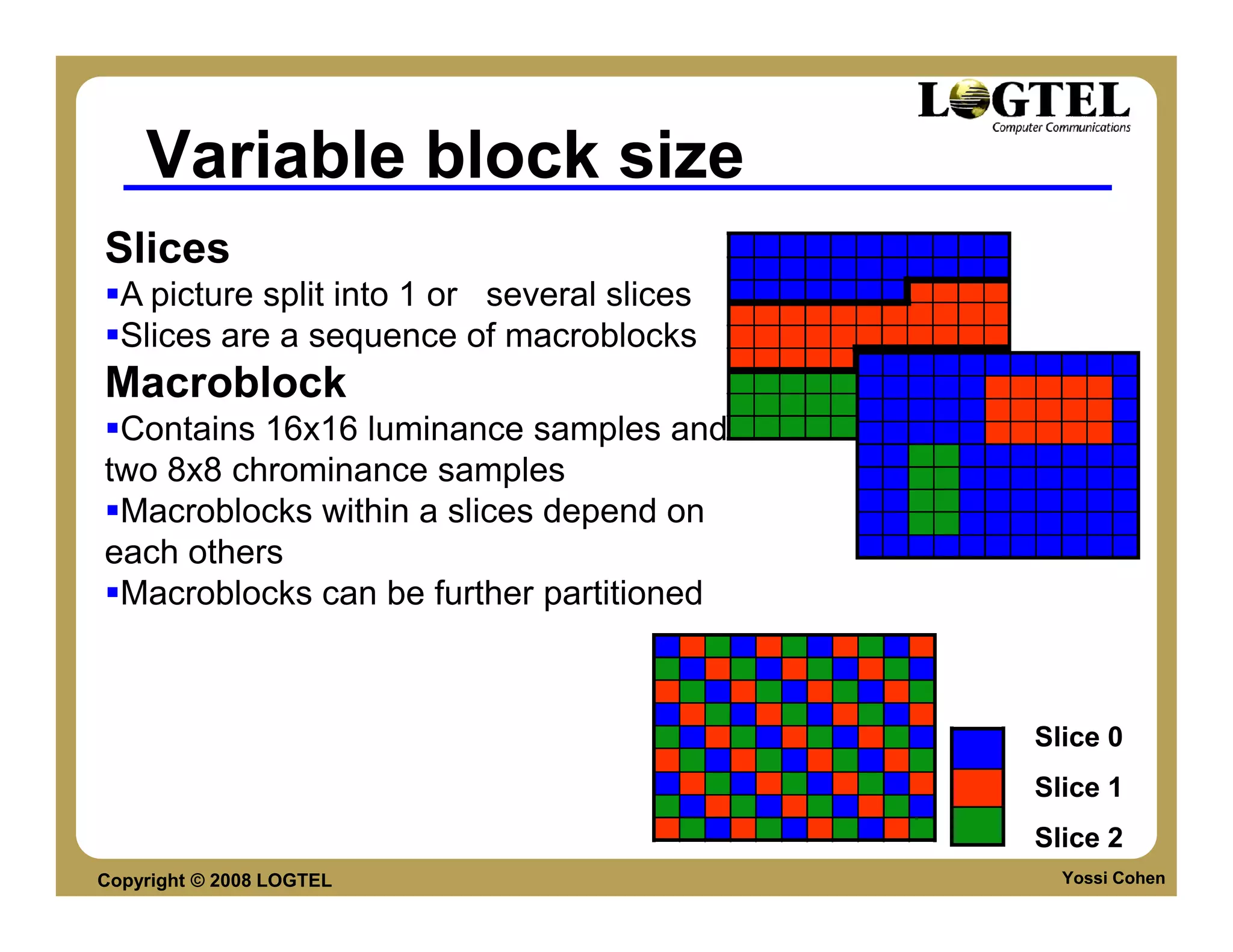 Variable block size
Slices
  A picture split into 1 or several slices
  Slices are a sequence of macroblocks
Macroblock
 Contains 16x16 luminance samples and
two 8x8 chrominance samples
 Macroblocks within a slices depend on
each others
 Macroblocks can be further partitioned



                                             Slice 0
                                             Slice 1
                                             Slice 2
Copyright © 2008 LOGTEL                        Yossi Cohen
 