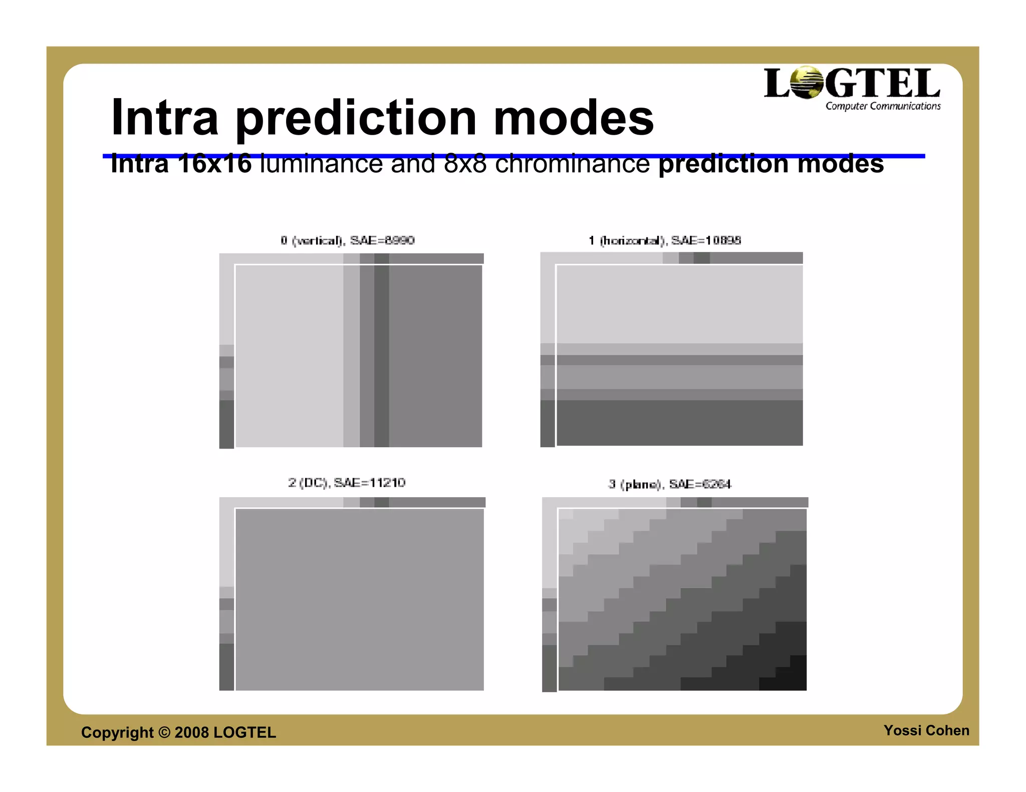 Intra prediction modes
   Intra 16x16 luminance and 8x8 chrominance prediction modes




Copyright © 2008 LOGTEL                                     Yossi Cohen
 
