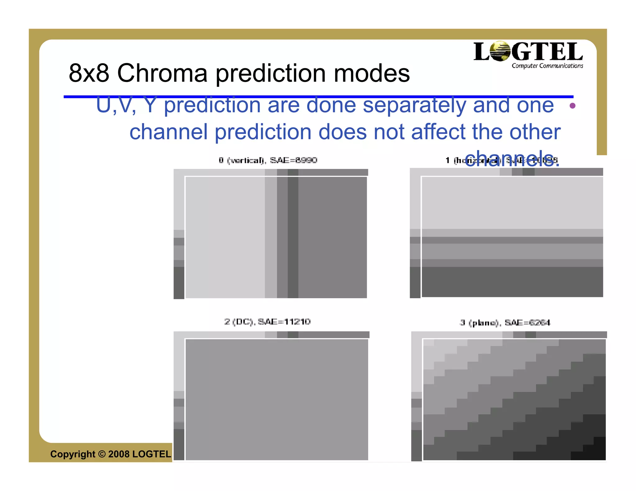 8x8 Chroma prediction modes
        U,V, Y prediction are done separately and one •
           channel prediction does not affect the other
                                             channels.




Copyright © 2008 LOGTEL                             Yossi Cohen
 