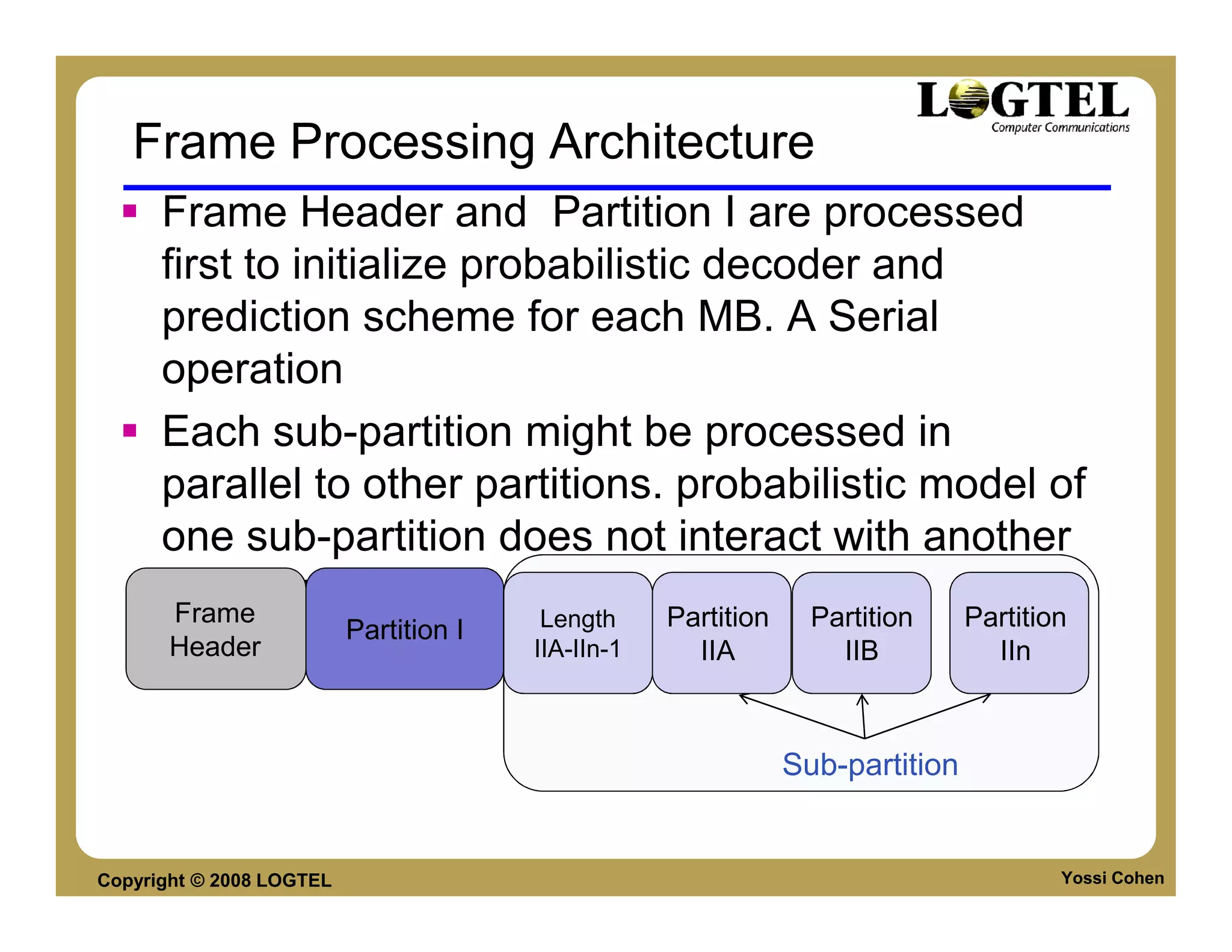 Frame Processing Architecture
      Frame Header and Partition I are processed
      first to initialize probabilistic decoder and
      prediction scheme for each MB. A Serial
      operation
      Each sub-partition might be processed in
      parallel to other partitions. probabilistic model of
      one sub-partition does not interact with another
      sub-partition
       Frame
                          Partition I    Length     Partition     Partition     Partition
       Header                           IIA-IIn-1     IIA           IIB           IIn



                                                                Sub-partition


Copyright © 2008 LOGTEL                                                                 Yossi Cohen
 