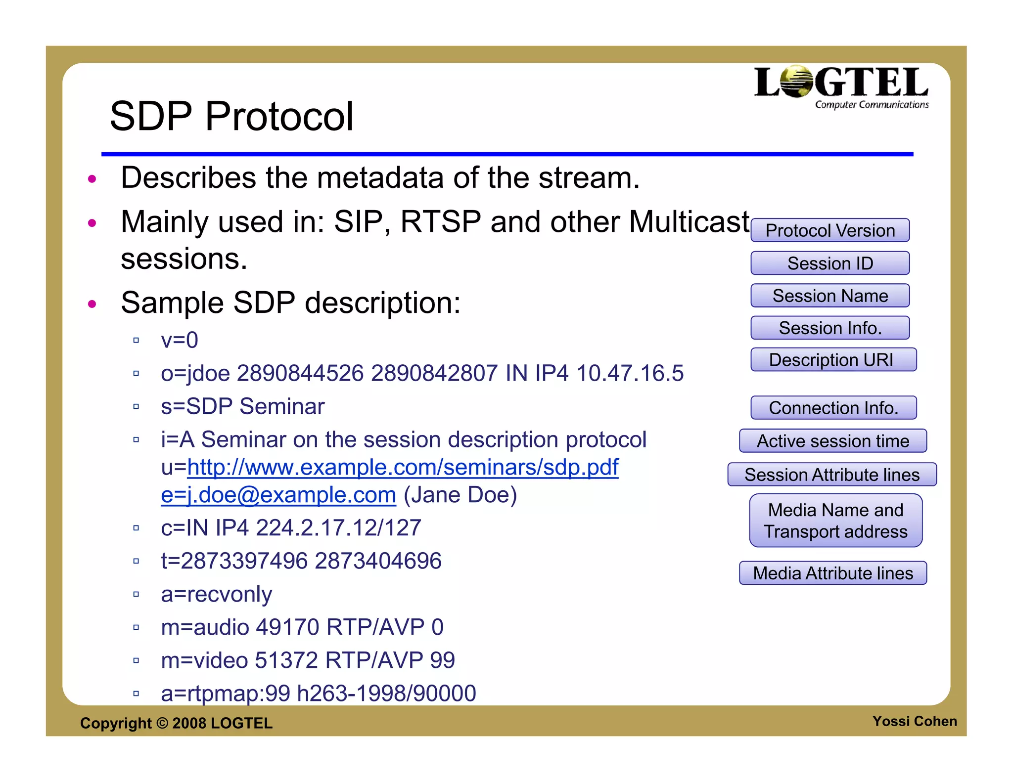SDP Protocol
• Describes the metadata of the stream.
• Mainly used in: SIP, RTSP and other Multicast               Protocol Version
  sessions.                                                      Session ID
                                                               Session Name
• Sample SDP description:
                                                                Session Info.
      ▫   v=0
                                                               Description URI
      ▫   o=jdoe 2890844526 2890842807 IN IP4 10.47.16.5
      ▫   s=SDP Seminar                                        Connection Info.
      ▫   i=A Seminar on the session description protocol    Active session time
          u=http://www.example.com/seminars/sdp.pdf         Session Attribute lines
          e=j.doe@example.com (Jane Doe)
                                                              Media Name and
      ▫   c=IN IP4 224.2.17.12/127                            Transport address
      ▫   t=2873397496 2873404696                            Media Attribute lines
      ▫   a=recvonly
      ▫   m=audio 49170 RTP/AVP 0
      ▫   m=video 51372 RTP/AVP 99
      ▫   a=rtpmap:99 h263-1998/90000
Copyright © 2008 LOGTEL                                                     Yossi Cohen
 