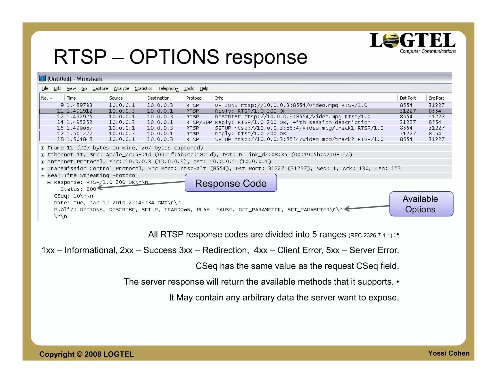 RTSP – OPTIONS response




                                       Response Code
                                                                                                   Available
                                                                                                   Options

                           All RTSP response codes are divided into 5 ranges (RFC 2326 7.1.1) :•
1xx – Informational, 2xx – Success 3xx – Redirection, 4xx – Client Error, 5xx – Server Error.
                                        CSeq has the same value as the request CSeq field.
                     The server response will return the available methods that it supports. •
                                 It May contain any arbitrary data the server want to expose.




Copyright © 2008 LOGTEL                                                                                  Yossi Cohen
 