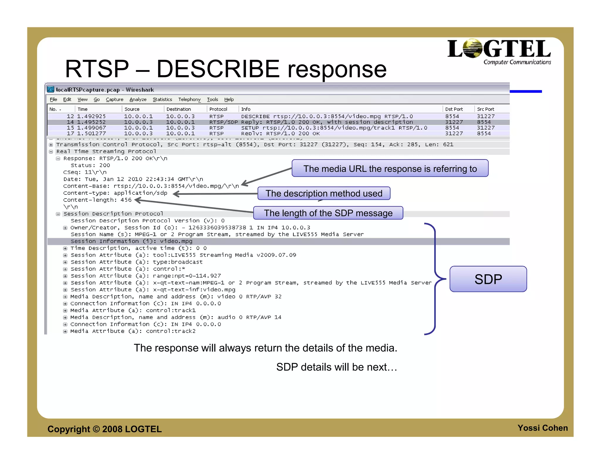 RTSP – DESCRIBE response


                                                     The media URL the response is referring to

                                             The description method used

                                             The length of the SDP message

                                                   Description readers


                                                                                              SDP



                 The response will always return the details of the media.
                                               SDP details will be next




Copyright © 2008 LOGTEL                                                                             Yossi Cohen
 