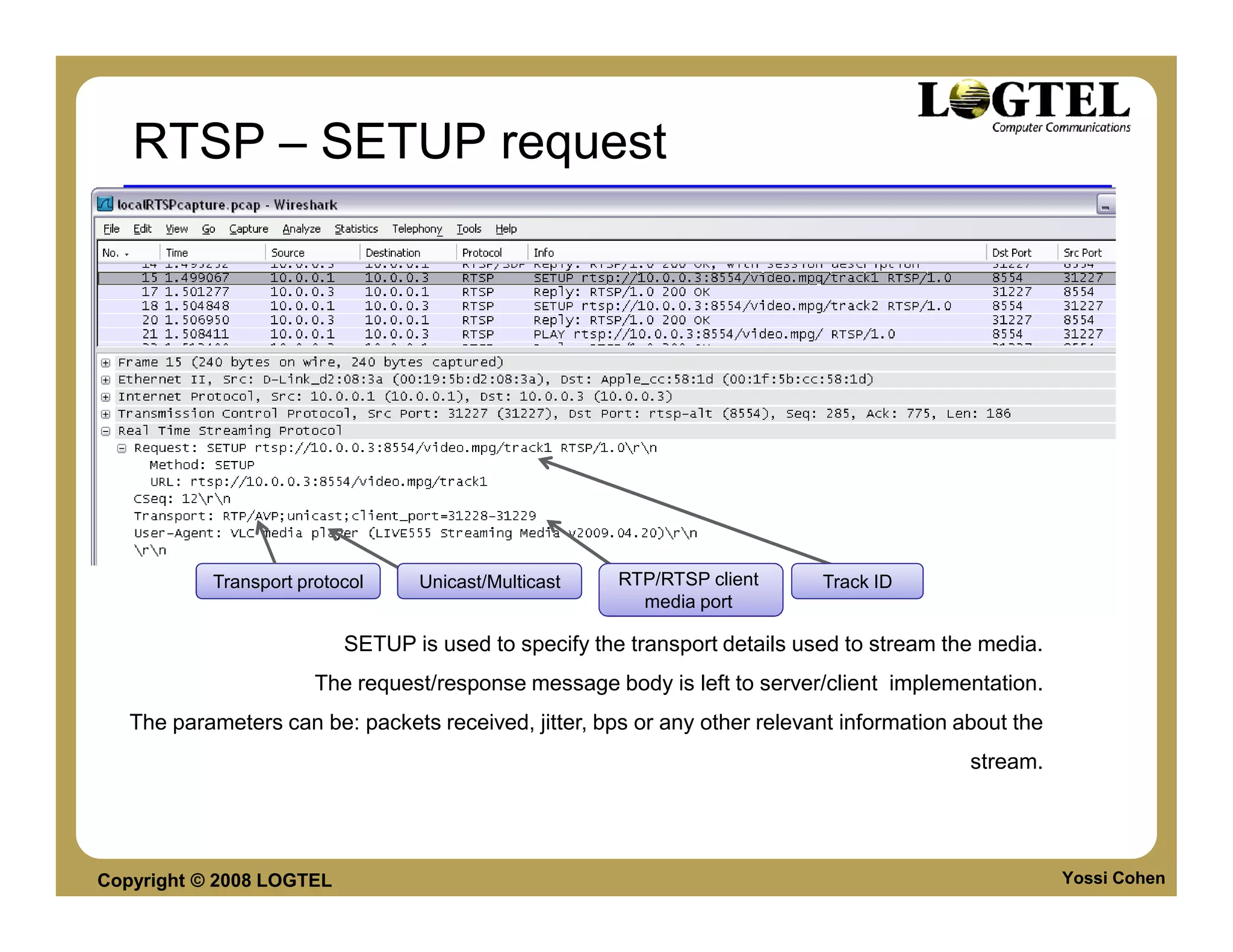 RTSP – SETUP request




           Transport protocol    Unicast/Multicast    RTP/RTSP client      Track ID
                                                        media port

                          SETUP is used to specify the transport details used to stream the media.
                       The request/response message body is left to server/client implementation.
   The parameters can be: packets received, jitter, bps or any other relevant information about the
                                                                                           stream.




Copyright © 2008 LOGTEL                                                                               Yossi Cohen
 