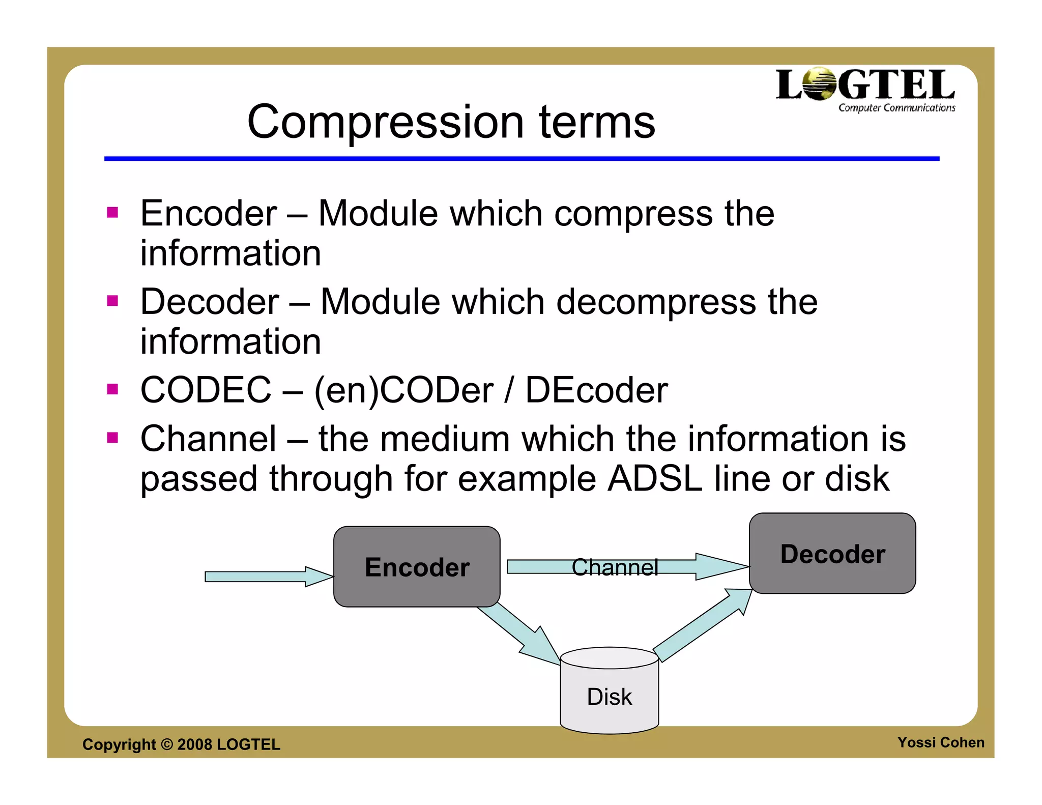 Compression terms
      Encoder – Module which compress the
      information
      Decoder – Module which decompress the
      information
      CODEC – (en)CODer / DEcoder
      Channel – the medium which the information is
      passed through for example ADSL line or disk
                                              Decoder
                          Encoder   Channel




                                     Disk
Copyright © 2008 LOGTEL                                 Yossi Cohen
 