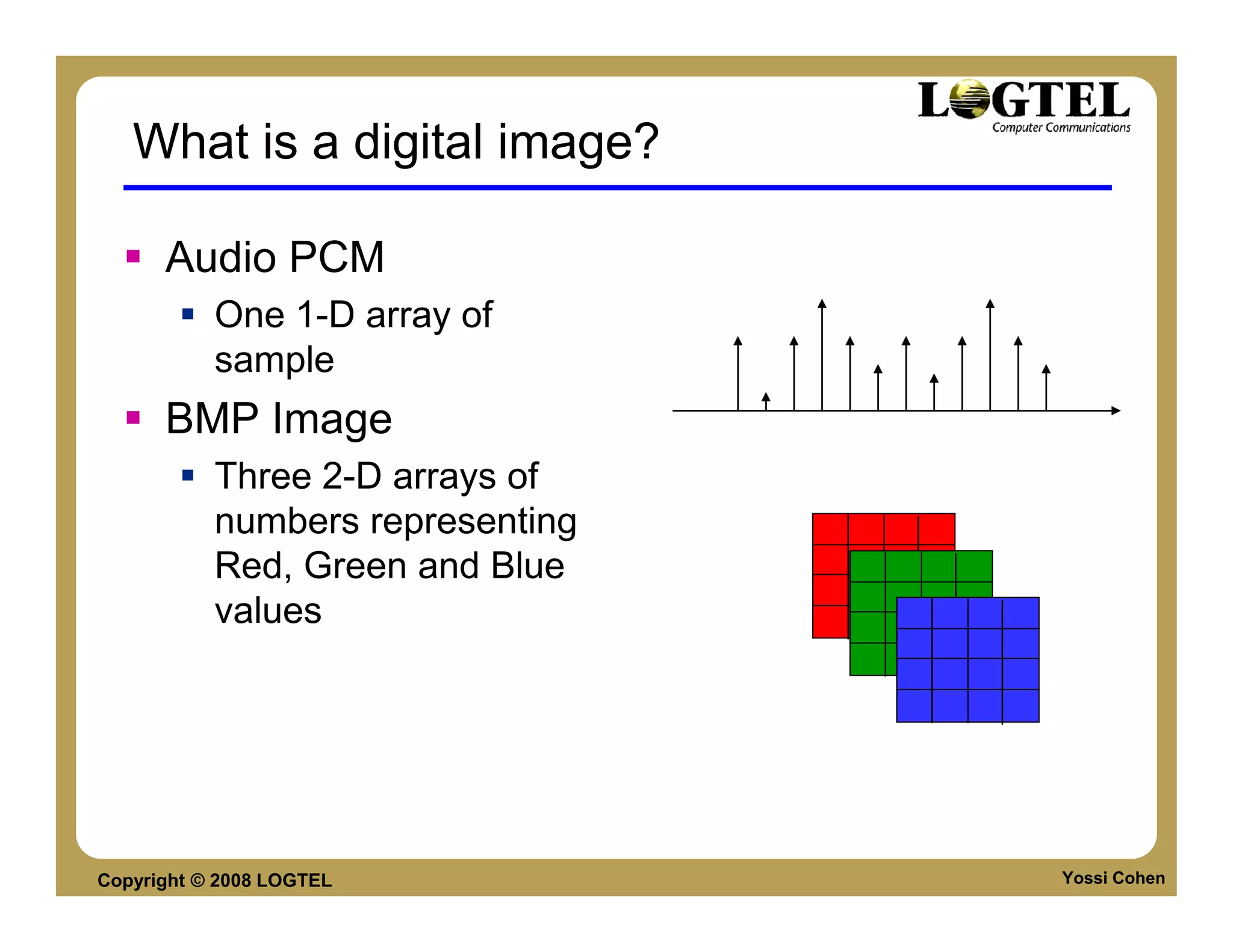 What is a digital image?

      Audio PCM
           One 1-D array of
           sample
      BMP Image
           Three 2-D arrays of
           numbers representing
           Red, Green and Blue
           values




Copyright © 2008 LOGTEL           Yossi Cohen
 