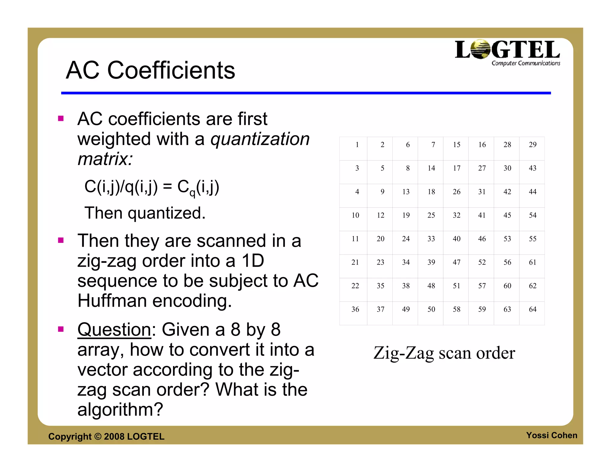 AC Coefficients
     AC coefficients are first
     weighted with a quantization       1    2    6    7   15   16   28   29

     matrix:                            3    5    8   14   17   27   30   43

       C(i,j)/q(i,j) = Cq(i,j)          4    9   13   18   26   31   42   44


       Then quantized.                 10   12   19   25   32   41   45   54


     Then they are scanned in a        11   20   24   33   40   46   53   55


     zig-zag order into a 1D           21   23   34   39   47   52   56   61

     sequence to be subject to AC      22   35   38   48   51   57   60   62

     Huffman encoding.                 36   37   49   50   58   59   63   64


     Question: Given a 8 by 8
     array, how to convert it into a        Zig-Zag scan order
     vector according to the zig-
     zag scan order? What is the
     algorithm?
Copyright © 2008 LOGTEL                                                   Yossi Cohen
 