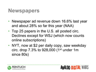 Newspapers
• Newspaper ad revenue down 16.6% last year
  and about 28% so far this year (NAA)
• Top 25 papers in the U.S. all posted circ.
  Declines except for WSJ (which now counts
  online subscriptions)
• NYT, now at $2 per daily copy, saw weekday
  circ. drop 7.3% to 928,000 (1st under 1m
  since 80s)
 