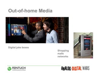 Out-of-home Media




Digital juke boxes
                     Shopping
                     malls
                     networks
 