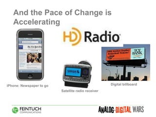And the Pace of Change is
   Accelerating




iPhone: Newspaper to go                              Digital billboard
                          Satellite radio receiver
 