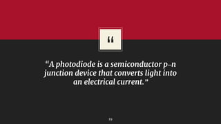 “
“A photodiode is a semiconductor p–n
junction device that converts light into
an electrical current.”
19
 