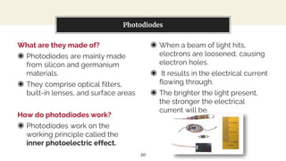 What are they made of?
◉ Photodiodes are mainly made
from silicon and germanium
materials.
◉ They comprise optical filters,
built-in lenses, and surface areas
How do photodiodes work?
◉ Photodiodes work on the
working principle called the
inner photoelectric effect.
You can also split your content
◉ When a beam of light hits,
electrons are loosened, causing
electron holes.
◉ It results in the electrical current
flowing through.
◉ The brighter the light present,
the stronger the electrical
current will be.
Photodiodes
20
 