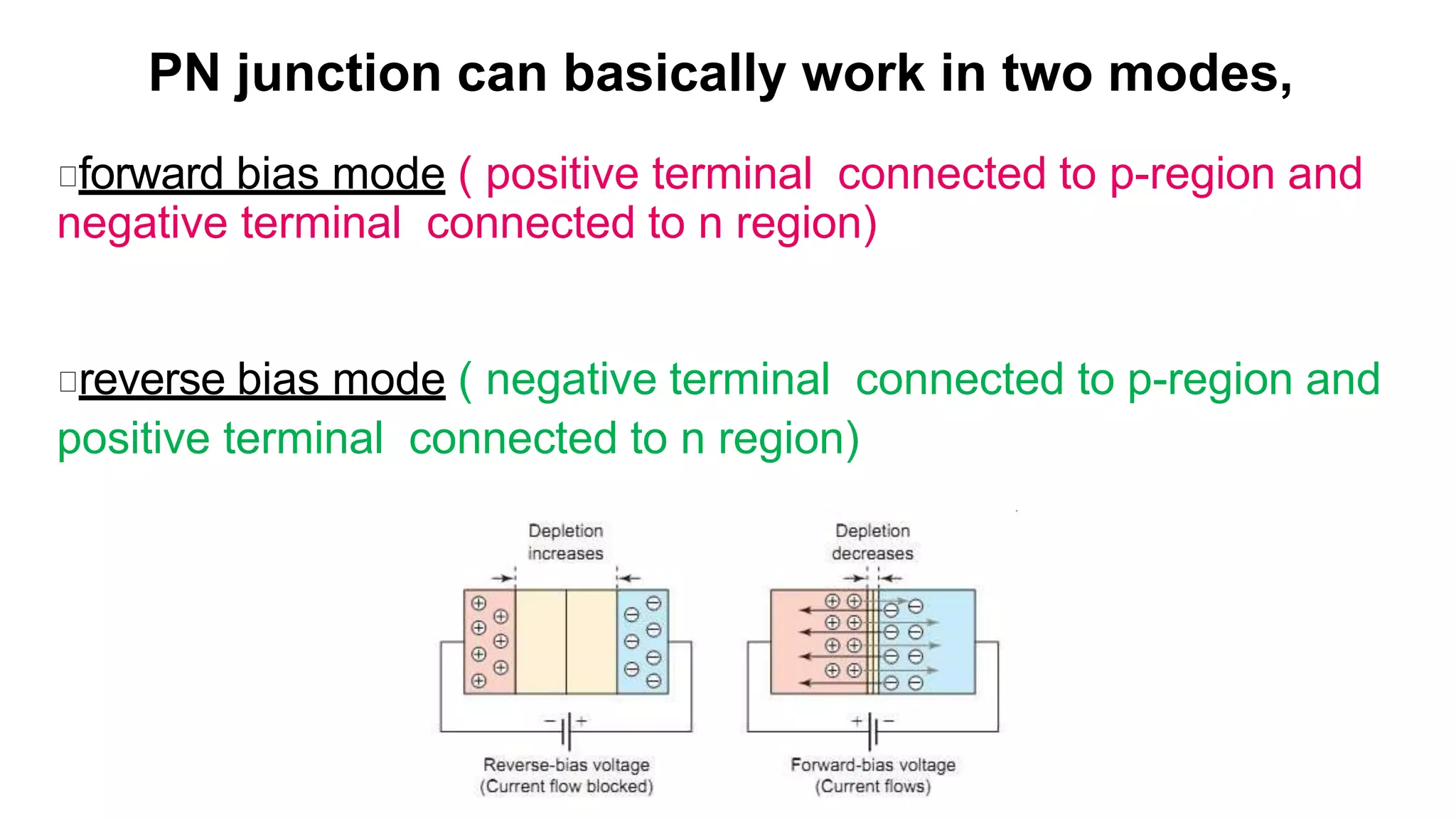 PN junction can basically work in two modes,
forward bias mode ( positive terminal connected to p-region and
negative terminal connected to n region)
reverse bias mode ( negative terminal connected to p-region and
positive terminal connected to n region)
 