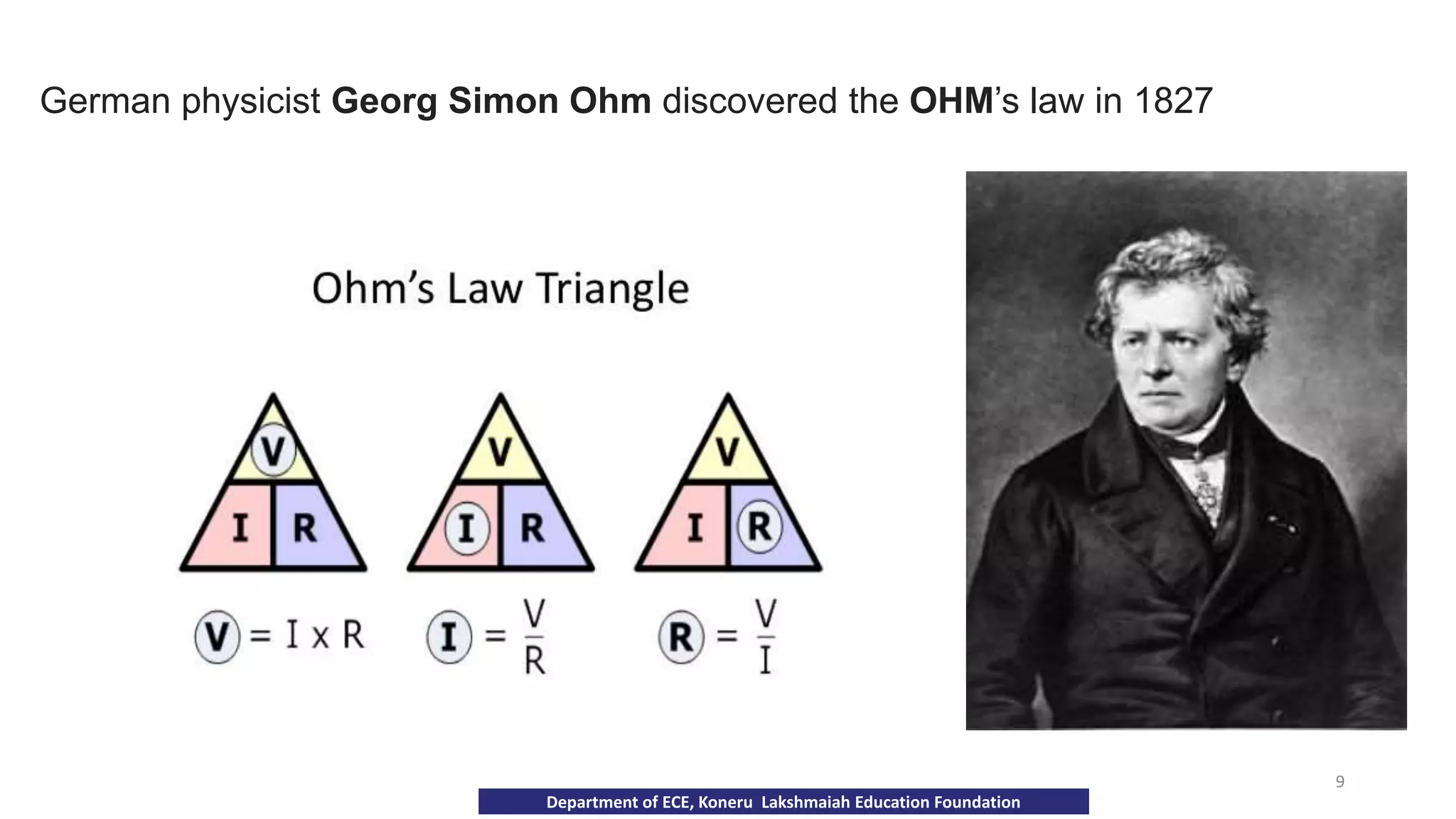 German physicist Georg Simon Ohm discovered the OHM’s law in 1827
Department of ECE, Koneru Lakshmaiah Education Foundation
9
 