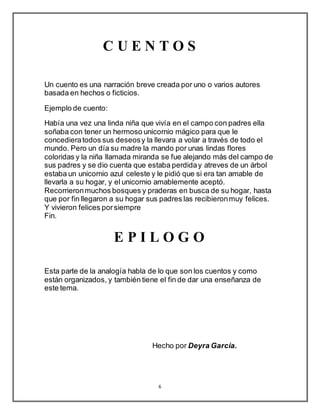 6
C U E N T O S
Un cuento es una narración breve creada por uno o varios autores
basada en hechos o ficticios.
Ejemplo de cuento:
Había una vez una linda niña que vivía en el campo con padres ella
soñaba con tener un hermoso unicornio mágico para que le
concedieratodos sus deseosy la llevara a volar a través de todo el
mundo. Pero un día su madre la mando por unas lindas flores
coloridas y la niña llamada miranda se fue alejando más del campo de
sus padres y se dio cuenta que estaba perdiday atreves de un árbol
estaba un unicornio azul celeste y le pidió que si era tan amable de
llevarla a su hogar, y el unicornio amablemente aceptó.
Recorrieronmuchos bosques y praderas en busca de su hogar, hasta
que por fin llegaron a su hogar sus padres las recibieronmuy felices.
Y vivieron felices porsiempre
Fin.
E P I L O G O
Esta parte de la analogía habla de lo que son los cuentos y como
están organizados, y también tiene el fin de dar una enseñanza de
este tema.
Hecho por Deyra García.
 