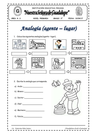 Lic. Katterine Peña Suárez ¡Triunfadores desde el principio!
1. Coloca las siguientes analogías (agente – lugar).
2. Escribe la analogía que corresponde.
a) Avión :__________________
b) Minero :_________________
c) Doctor :_________________
d) Chef :__________________
e) Marinero:_________________
f) Policía:_________________
ÁREA: R .V FECHA: 19/04/17GRADO: 3ºNIVEL: PRIMARIA
GUÍA N° 6
INST IT UCIÓN EDUCAT IVA PRIVADA