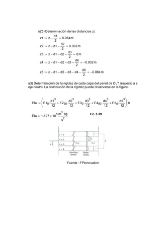 a23) Determinación de las distancias zi:
z1 z
d1
2
− 0.064m=:=
z2 z d1−
d2
2
− 0.032m=:=
z3 z d1− d2−
d3
2
− 0m=:=
z4 z d1− d2− d3−
d4
2
− 0.032− m=:=
z5 z d1− d2− d3− d4−
d5
2
− 0.064− m=:=
a3) Determinación de la rigidez de cada capa del panel de CLT respecto a su
eje neutro. La distribución de la rigidez puede observarse en la figura:
EIa E10
d1
3
12
⋅ E290
d2
3
12
⋅+ E30
d3
3
12
⋅+ E490
d4
3
12
⋅+ E50
d5
3
12
⋅+






b⋅:=
Ec. 5.39
EIa 1.197 10
5
×
m
3
kg⋅
s
2
=
Fuente : FPInnovation
 