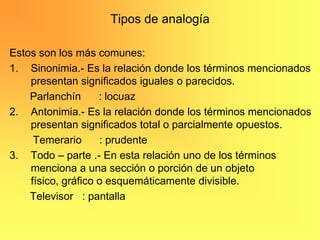 Tipos de analogía

Estos son los más comunes:
1. Sinonimia.- Es la relación donde los términos mencionados
    presentan significados iguales o parecidos.
    Parlanchín      : locuaz
2. Antonimia.- Es la relación donde los términos mencionados
    presentan significados total o parcialmente opuestos.
     Temerario      : prudente
3. Todo – parte .- En esta relación uno de los términos
    menciona a una sección o porción de un objeto
    físico, gráfico o esquemáticamente divisible.
    Televisor : pantalla
 
