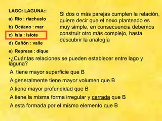 LAGO: LAGUNA::
a) Río : riachuelo
b) Océano : mar
c) Isla : islote
d) Cañón : valle
e) Represa : dique
Si dos o más parejas cumplen la relación,
quiere decir que el nexo planteado es
muy simple, en consecuencia debemos
construir otro más complejo, hasta
descubrir la analogía
•¿Cuántas relaciones se pueden establecer entre lago y
laguna?
A tiene mayor superficie que B
A generalmente tiene mayor volumen que B
A tiene mayor profundidad que B
A tiene la misma forma irregular y cerrada que B
A esta formada por el mismo elemento que B
 