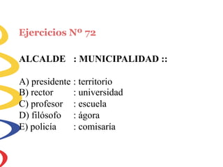 Ejercicios Nº 72
ALCALDE : MUNICIPALIDAD ::
A) presidente : territorio
B) rector
C) profesor
D) filósofo
E) policía
: universidad
: escuela
: ágora
: comisaría
 
