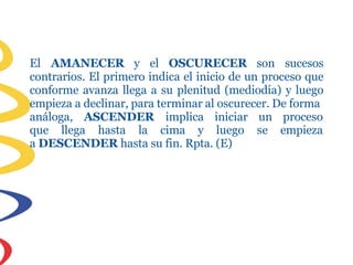 El AMANECER y el OSCURECER son sucesos
contrarios. El primero indica el inicio de un proceso que
conforme avanza llega a su plenitud (mediodía) y luego
empieza a declinar, para terminar al oscurecer. De forma
análoga, ASCENDER implica
que llega hasta la cima y
iniciar
luego
un proceso
se empieza
a DESCENDER hasta su fin. Rpta. (E)
 