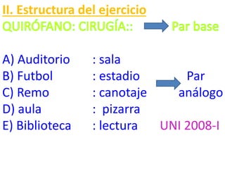 II. Estructura del ejercicio

A) Auditorio
B) Futbol
C) Remo
D) aula
E) Biblioteca

: sala
: estadio
Par
: canotaje
análogo
: pizarra
: lectura
UNI 2008-I

 