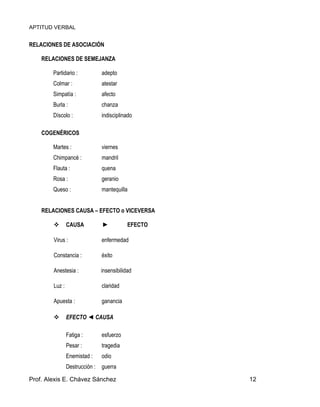 APTITUD VERBAL
Prof. Alexis E. Chávez Sánchez 12
RELACIONES DE ASOCIACIÓN
RELACIONES DE SEMEJANZA
Partidario : adepto
Colmar : atestar
Simpatía : afecto
Burla : chanza
Díscolo : indisciplinado
COGENÉRICOS
Martes : viernes
Chimpancé : mandril
Flauta : quena
Rosa : geranio
Queso : mantequilla
RELACIONES CAUSA – EFECTO o VICEVERSA
CAUSA ► EFECTO
Virus : enfermedad
Constancia : éxito
Anestesia : insensibilidad
Luz : claridad
Apuesta : ganancia
EFECTO ◄ CAUSA
Fatiga : esfuerzo
Pesar : tragedia
Enemistad : odio
Destrucción : guerra
 