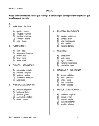APTITUD VERBAL
Prof. Alexis E. Chávez Sánchez 23
ENSAYO
Marca en las alternativas aquella que contenga el par analógico correspondiente al par base que
encabeza cada ejercicio
1. I
2. NVERSIÓN: UTILIDAD
A) ejercicio : sudor
B) estudios : examen
C) siembra : cosecha
D) sacrificio : muerte
E) éxito : riesgo
3. PUENTE : RÍO ::
A) carril : pista
B) pasamano : ómnibus
C) puerto : mar
D) túnel : cerro
E) acera : calle
4. QUÍMICO : LABORATORIO ::
A) entrenador : estadio
B) paciente : hospital
C) cocinero : cocina
D) astrónomo : telescopio
E) juez : juicio
5. ARSENAL : ARMAMENTO ::
A) polvorín : explosivo
B) biblioteca : lector
C) granero : grano
D) aserradero : madera
E) osario : hueso
6. FÓSFORO : ENCENDEDOR ::
A) escoba : lustradora
B) cometa : avión
C) vela : fluorescente
D) leña : cocina
E) madera : bencina
7. MES : AÑO ::
A) parte : todo
B) tecla : piano
C) signo : zodíaco
D) número : matemática
E) habitación : casa
8. IMPLACABLE : INDULGENTE ::
A) severo : drástico
B) impío : piadoso
C) limpio : sucio
D) juez : sacerdote
E) militar : soldado
9. PREGUNTA : RESPONDER ::
A) problema : explicar
B) peligro : evitar
C) examen : copiar
D) escuela : enseñar
E) acertijo : adivinar
 
