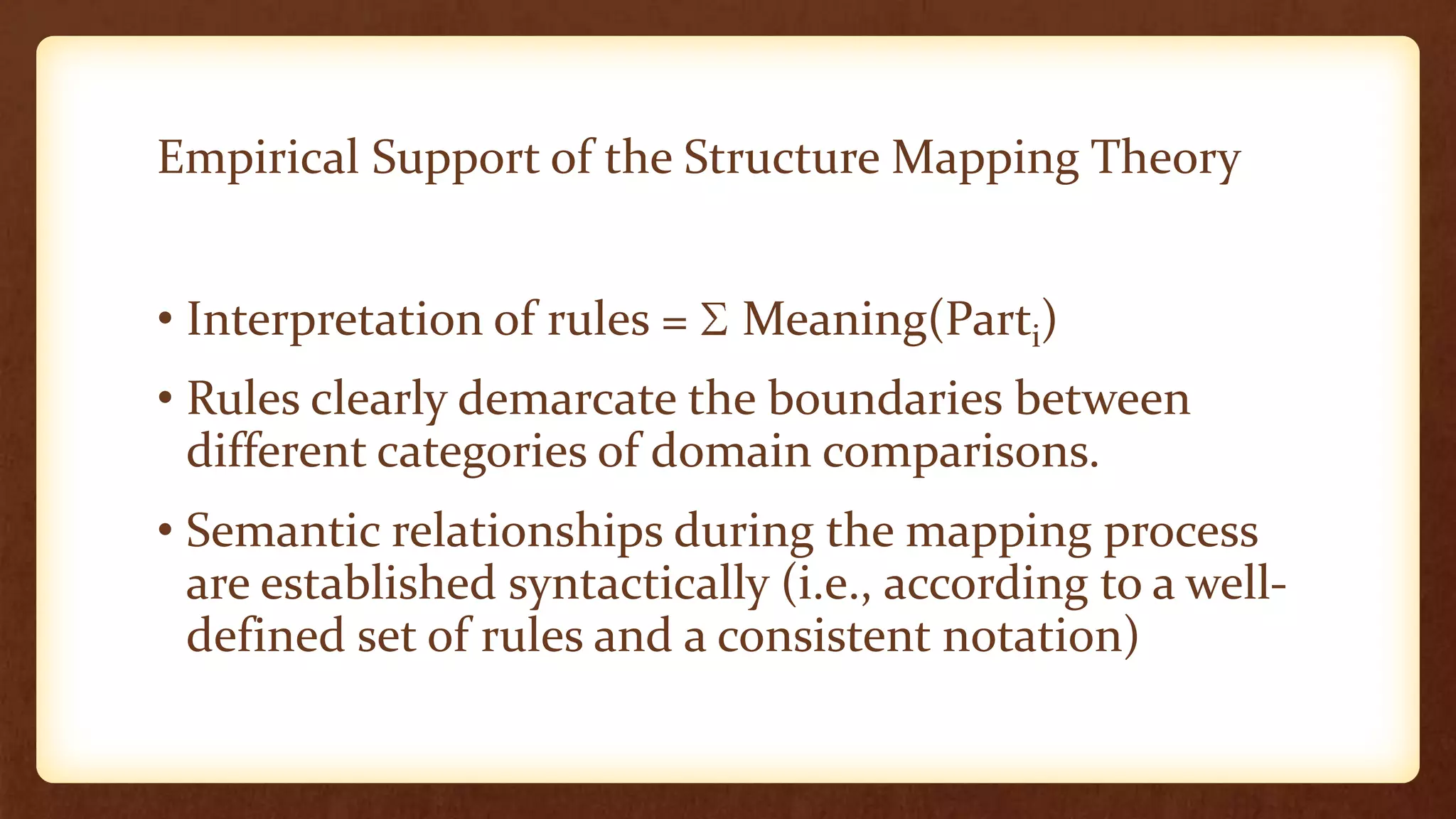 Empirical Support of the Structure Mapping Theory


• Interpretation of rules =   Meaning(Parti)
• Rules clearly demarcate the boundaries between
  different categories of domain comparisons.
• Semantic relationships during the mapping process
  are established syntactically (i.e., according to a well-
  defined set of rules and a consistent notation)
 