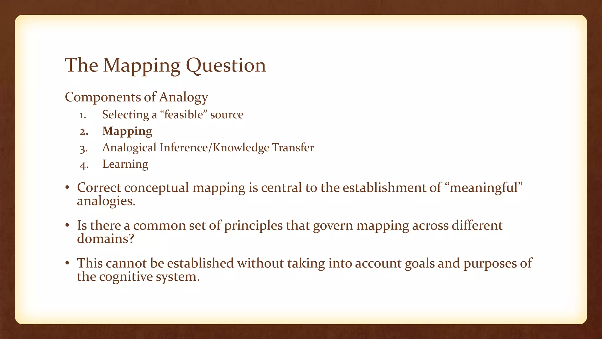 The Mapping Question
Components of Analogy
  1.   Selecting a “feasible” source
  2.   Mapping
  3.   Analogical Inference/Knowledge Transfer
  4.   Learning

• Correct conceptual mapping is central to the establishment of “meaningful”
  analogies.
• Is there a common set of principles that govern mapping across different
  domains?
• This cannot be established without taking into account goals and purposes of
  the cognitive system.
 