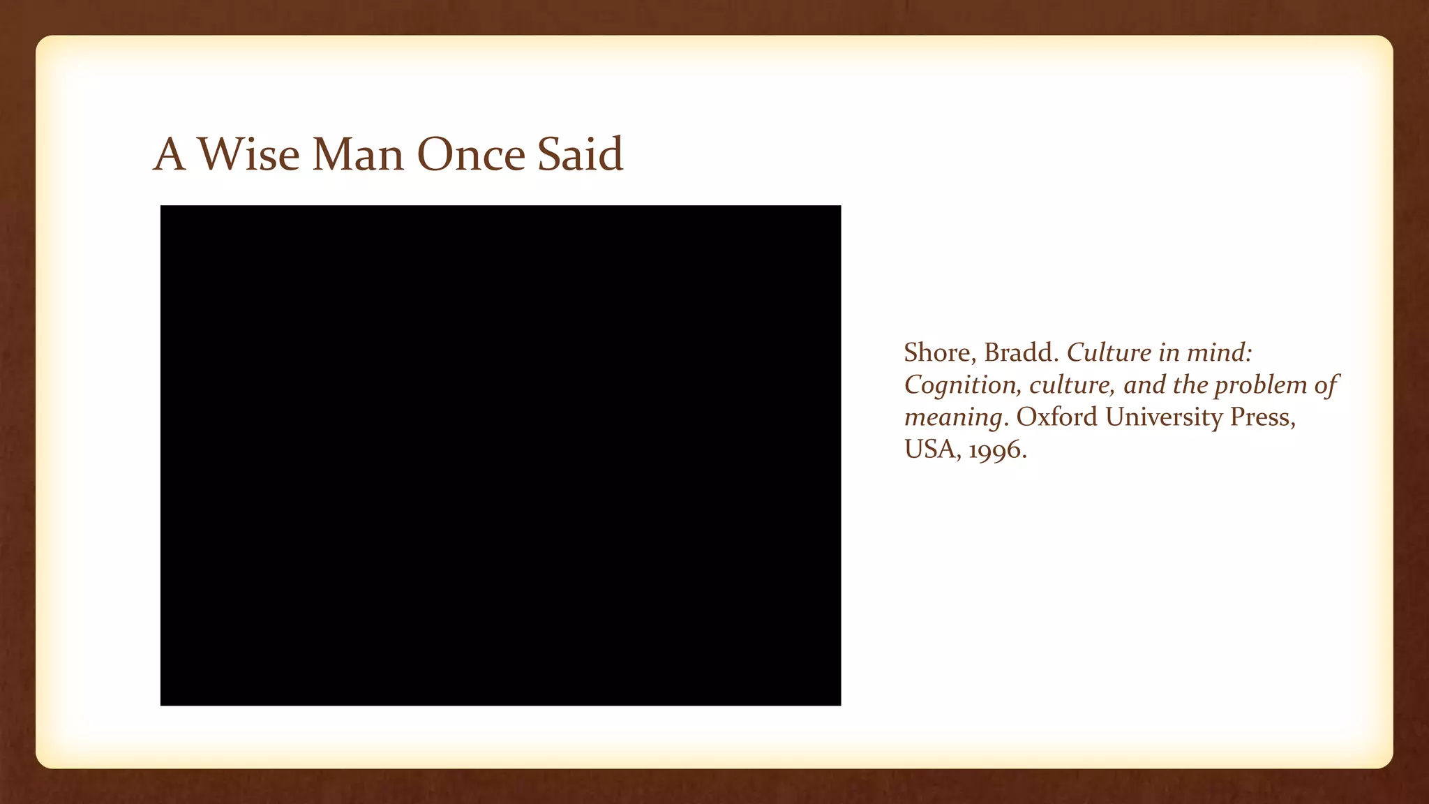 A Wise Man Once Said



                       Shore, Bradd. Culture in mind:
                       Cognition, culture, and the problem of
                       meaning. Oxford University Press,
                       USA, 1996.
 
