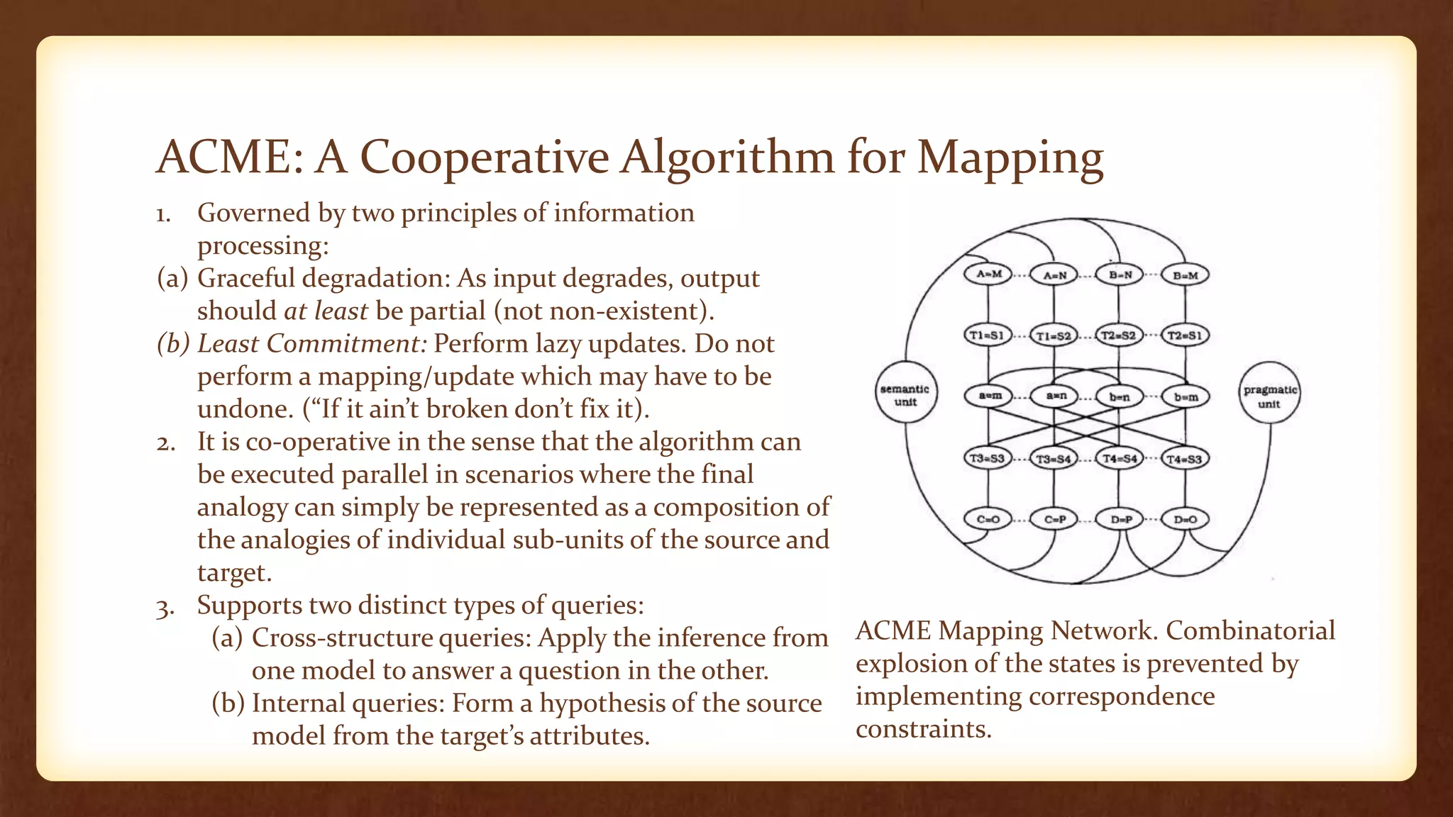 ACME: A Cooperative Algorithm for Mapping
1. Governed by two principles of information
    processing:
(a) Graceful degradation: As input degrades, output
    should at least be partial (not non-existent).
(b) Least Commitment: Perform lazy updates. Do not
    perform a mapping/update which may have to be
    undone. (“If it ain’t broken don’t fix it).
2. It is co-operative in the sense that the algorithm can
    be executed parallel in scenarios where the final
    analogy can simply be represented as a composition of
    the analogies of individual sub-units of the source and
    target.
3. Supports two distinct types of queries:
     (a) Cross-structure queries: Apply the inference from    ACME Mapping Network. Combinatorial
         one model to answer a question in the other.         explosion of the states is prevented by
     (b) Internal queries: Form a hypothesis of the source    implementing correspondence
         model from the target’s attributes.                  constraints.
 