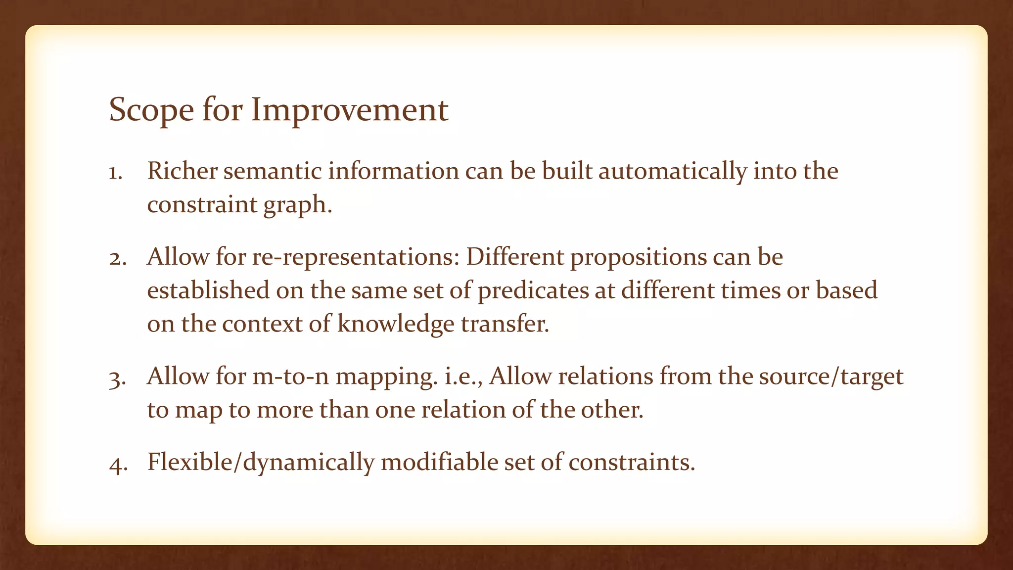 Scope for Improvement
1. Richer semantic information can be built automatically into the
   constraint graph.

2. Allow for re-representations: Different propositions can be
   established on the same set of predicates at different times or based
   on the context of knowledge transfer.

3. Allow for m-to-n mapping. i.e., Allow relations from the source/target
   to map to more than one relation of the other.

4. Flexible/dynamically modifiable set of constraints.
 