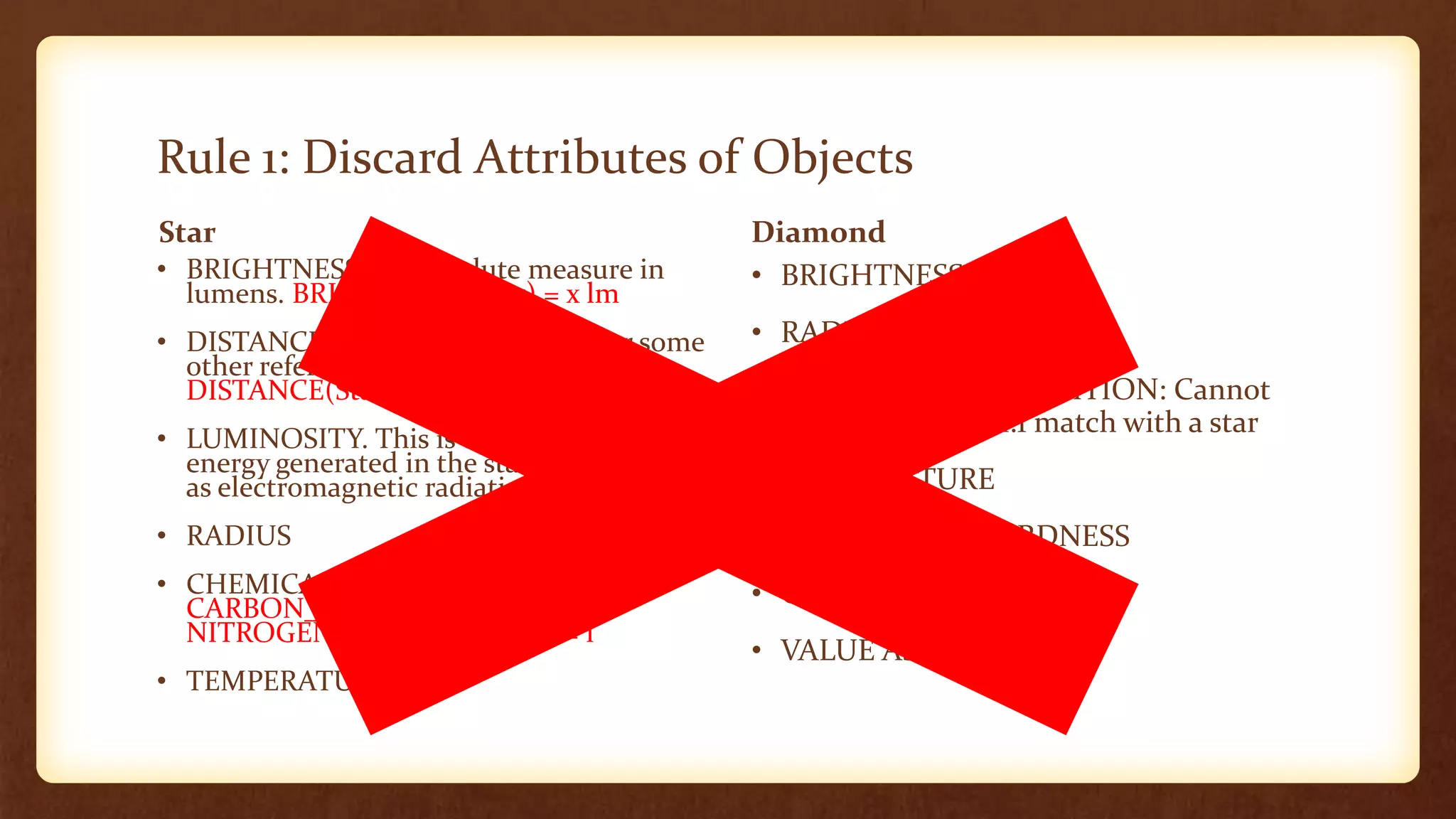 Rule 1: Discard Attributes of Objects
Star                                          Diamond
• BRIGHTNESS: An absolute measure in          • BRIGHTNESS
  lumens. BRIGHTNESS(Star) = x lm
• DISTANCE: Distance from Earth (or some      • RADIUS (?)
  other referential celestial object).
  DISTANCE(Star, Earth) = y x 10z km          • CHEMICAL COMPOSITION: Cannot
                                                obviously have a 1:1 match with a star
• LUMINOSITY. This is the amount of
  energy generated in the star and released
  as electromagnetic radiation.               • TEMPERATURE
• RADIUS                                      • Moh’s Scale of HARDNESS
• CHEMICAL COMPOSITION                        • COST
  CARBON_CONTENT(Star) = k
  NITROGEN_CONTENT(Star) = l
                                              • VALUE AS GIFT
• TEMPERATURE
 