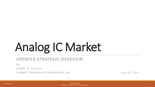 July 30, 2014 Analog IC Market
Khanh Le, Summit Technology Consulting Inc.
1
Analog IC Market
UPDATED STRATEGIC OVERVIEW
By
KHANH LE, Founder
SUMMIT TECHNOLOGY CONSULTING, INC. July 30, 2014
 