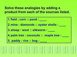 Solve these analogies by adding a
product from each of the sources listed.
1.field : corn :: pond : ____
2.mine : diamonds :: oyster shells : ____
3.sheep : wool :: silkworm : ____
4.palm tree : coconuts :: maple tree : ____
5. paddy : rice :: bog : ____
 