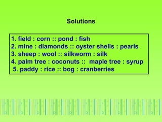 Solutions
1. field : corn :: pond : fish
2. mine : diamonds :: oyster shells : pearls
3. sheep : wool :: silkworm : silk
4. palm tree : coconuts :: maple tree : syrup
5. paddy : rice :: bog : cranberries
 