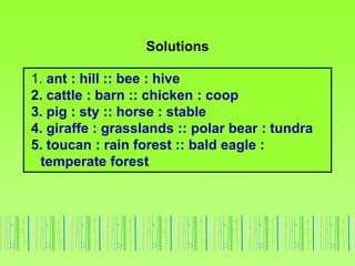 Solutions
1. ant : hill :: bee : hive
2. cattle : barn :: chicken : coop
3. pig : sty :: horse : stable
4. giraffe : grasslands :: polar bear : tundra
5. toucan : rain forest :: bald eagle :
temperate forest
 