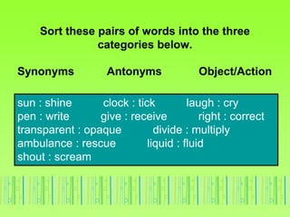 Sort these pairs of words into the three
categories below.
Antonyms
Synonyms Object/Action
sun : shine clock : tick laugh : cry
pen : write give : receive right : correct
transparent : opaque divide : multiply
ambulance : rescue liquid : fluid
shout : scream
 