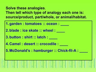Solve these analogies.
Then tell which type of analogy each one is:
source/product, part/whole, or animal/habitat.
1.garden : tomatoes :: ocean : ____
2.blade : ice skate :: wheel : ____
3.button : shirt :: latch : ____
4.Camel : desert :: crocodile : ____
5.McDonald’s : hamburger :: Chick-fil-A : ____
 